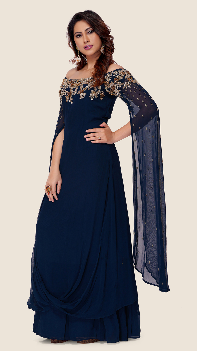 Buy MISS INDIA - WESTERN GEORGETTE GOWN WITH FANCY NECK PATTERN at INR 550  online from Inli Exports Party Wear Kurtis : MISS INDIA- BLACK