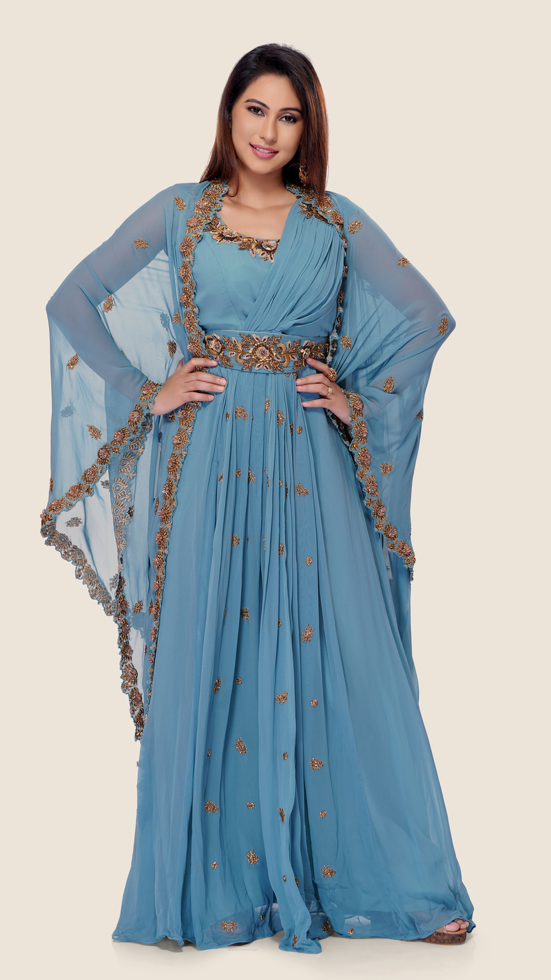 TSVV7860 Pre Draped Saree Style Dress with Sequin Cut dana Embroidery,  Attached dupatta & Belt – Chhabra 555