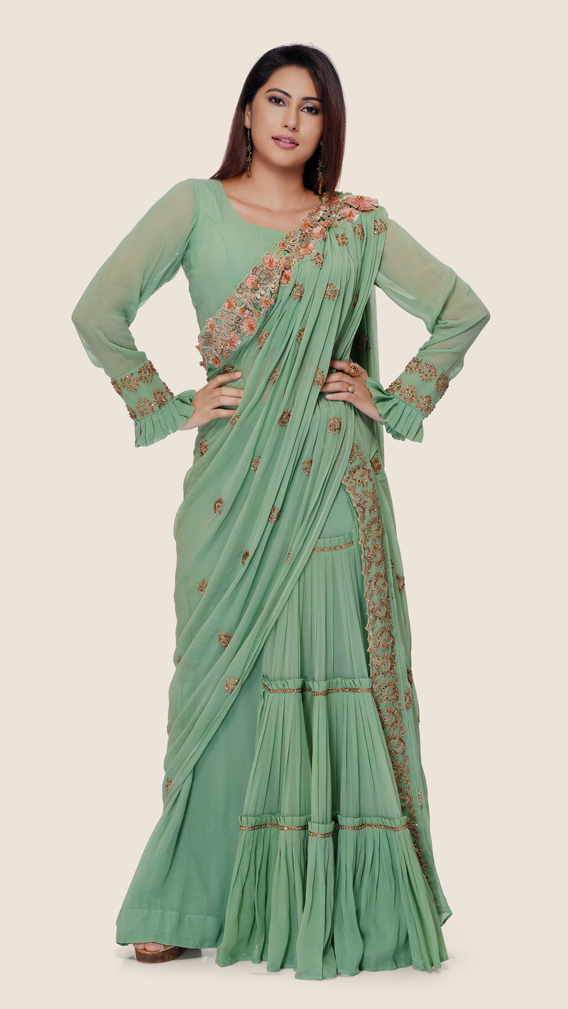 Buy Stone-Studded Embroidered Empress Saree with Chic Drape & Belt