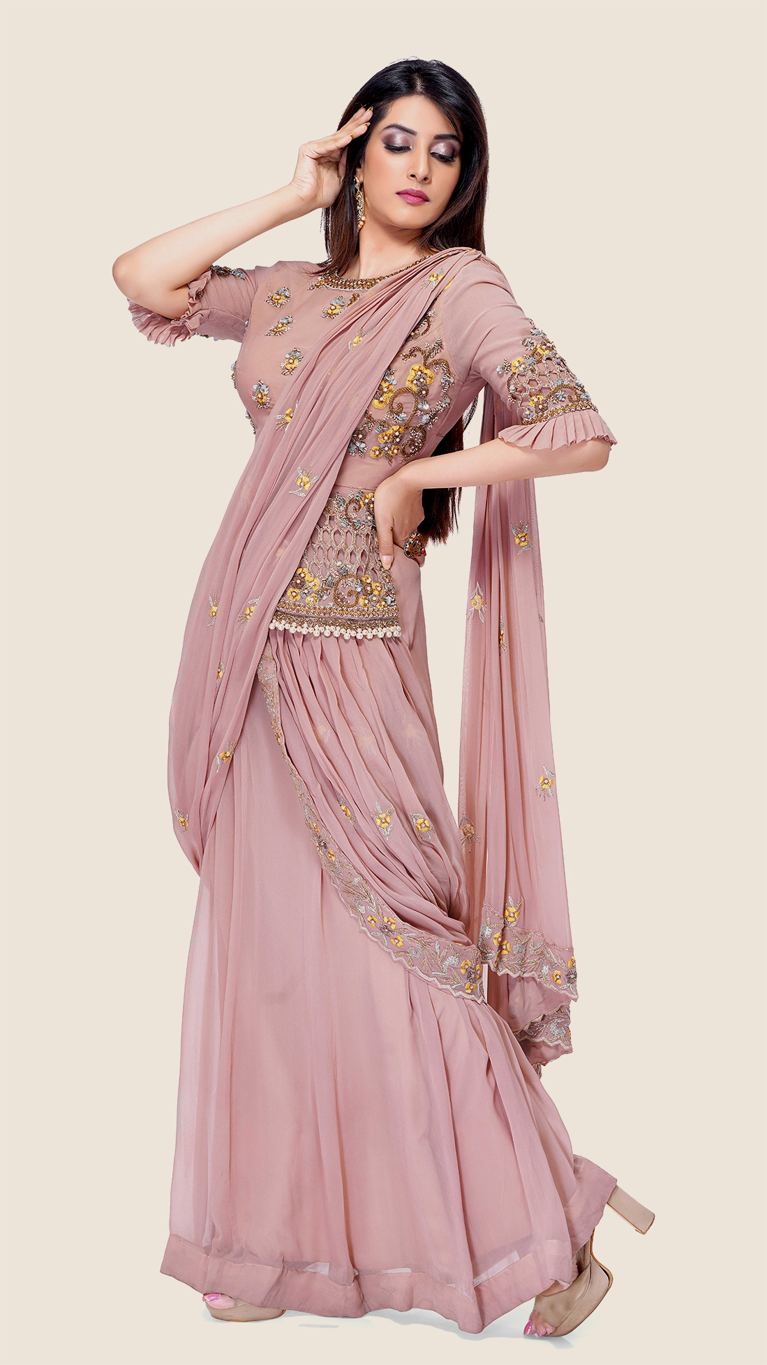 Beige Net Designer Lehenga Saree 78788 | Lehenga style saree, Lehenga saree  design, Saree dress
